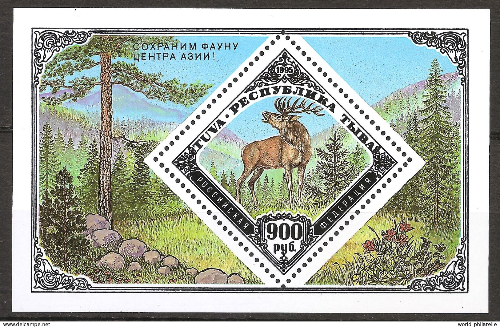 Russie URSS Touva Tuva 1995 N° 1 BF ** Nature, Sapin, Conifère, Fleurs, Animaux, Cervus Elaphus, Cerf, Mammifère - Touva