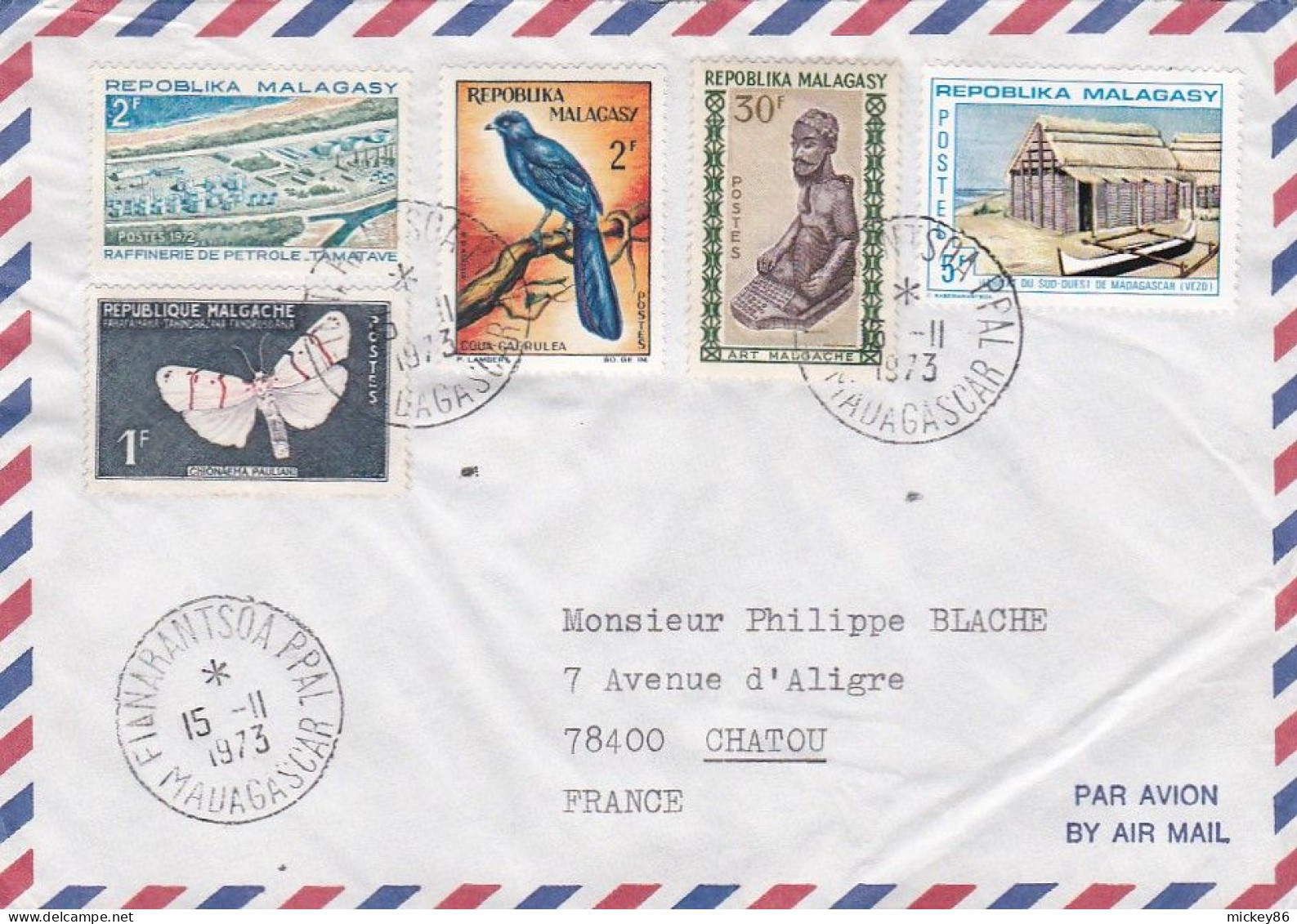 MADAGASCAR-1973--lettre FIANARANTSOA  Pour CHATOU-78 (France)-Beaux Timbres Dont Papillon , Oiseau  Sur Lettre ..cachets - Madagascar (1960-...)