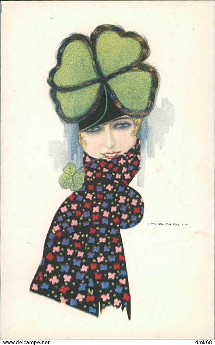 NANNI SIGNED 1910s POSTCARD - WOMAN & SCARF & FOUR-LEAF CLOVER - N.284/2 (5121) - Nanni