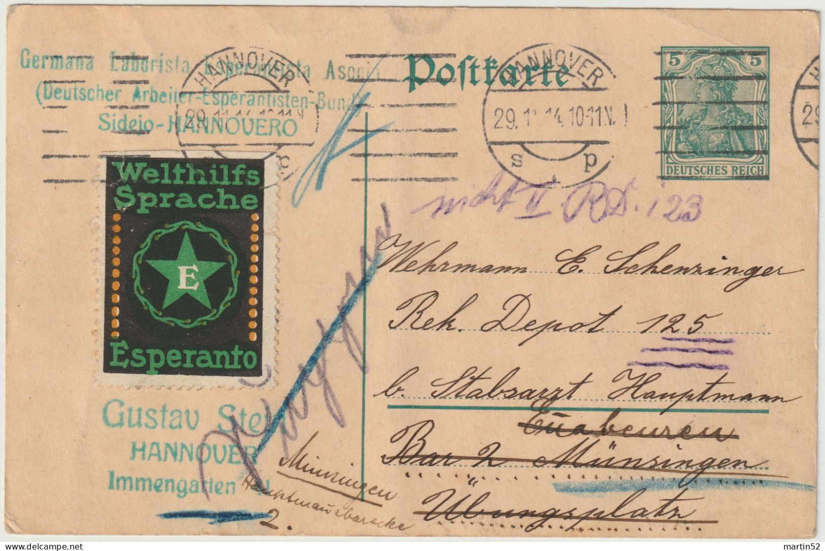 Deutsches Reich Allemagne Germany 1914: Postkarte Mit Vignette "Welthilfs-Sprache Esperanto" Mit ⊙ HANNOVER 29.11.14 - Esperánto