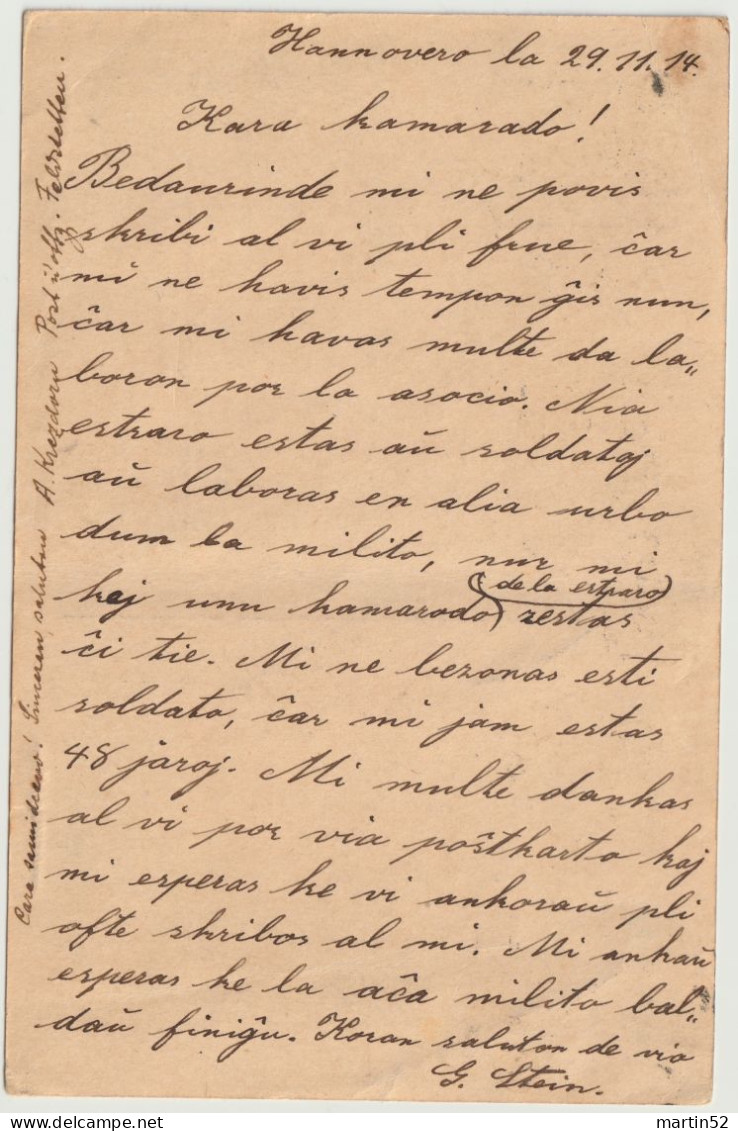 Deutsches Reich Allemagne Germany 1914: Postkarte Mit Vignette "Welthilfs-Sprache Esperanto" Mit ⊙ HANNOVER 29.11.14 - Esperanto