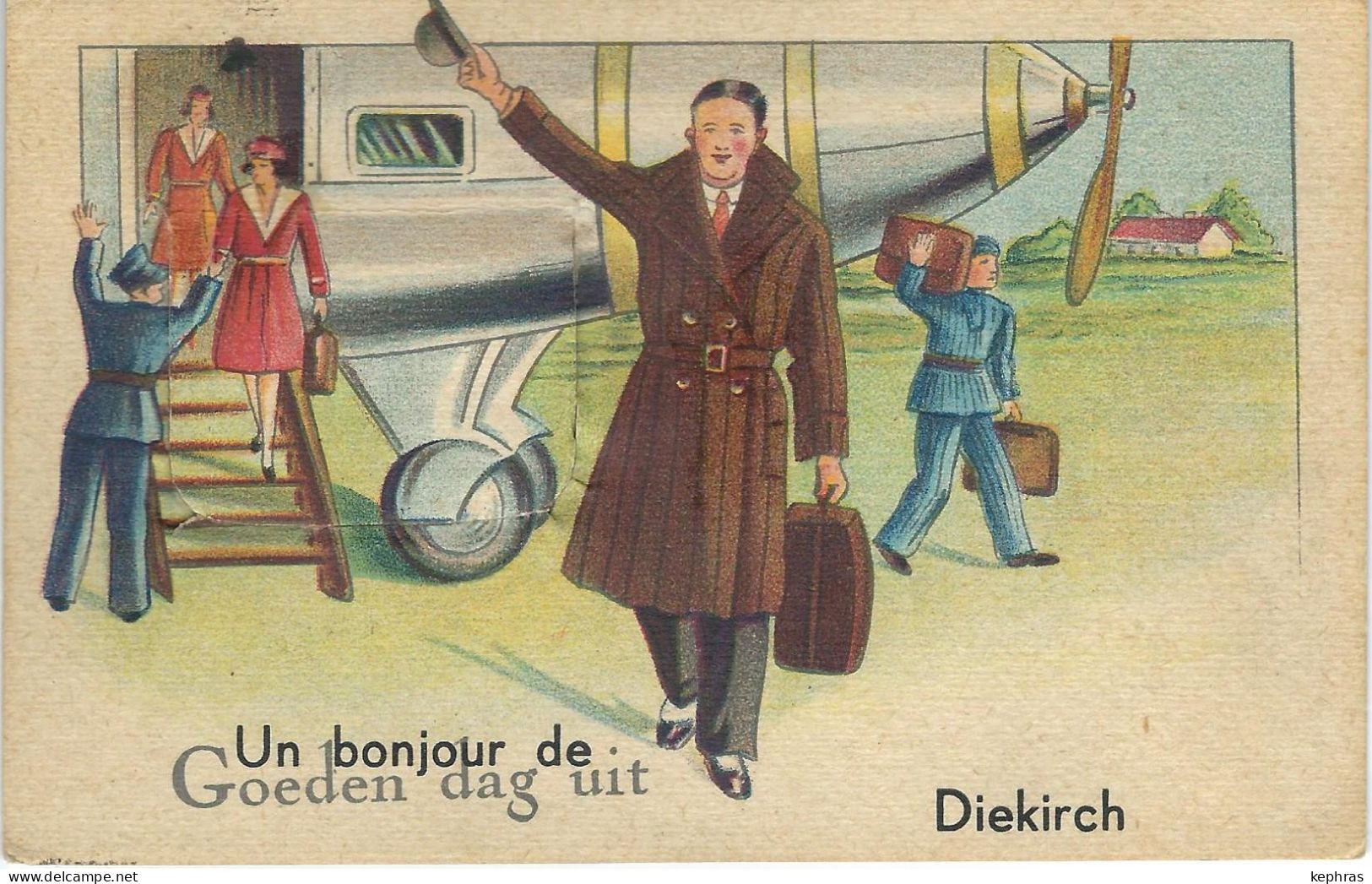 Un Bonjour De DIEKIRCH - RARE CPA A SYSTEME - Cachet De La Poste 1948 Thème Avion - Diekirch