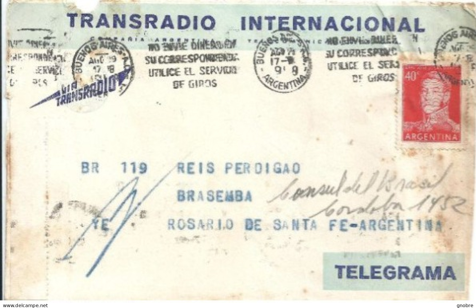 ARGENTINA COVER WIT TELEGRAM TRANSRADIO TELEGRAMA 1958 - Brieven En Documenten