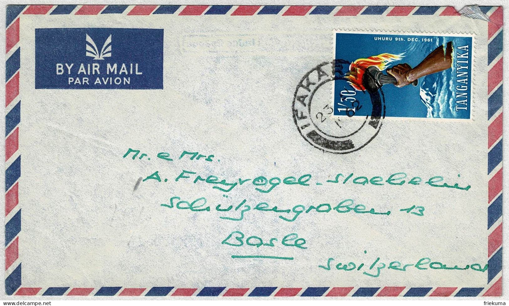 Tanganyika 1962, Luftpostbrief / Air Mail Fakara - Basel (Schweiz), Uhuru, Kilimandscharo - Tanganyika (...-1932)