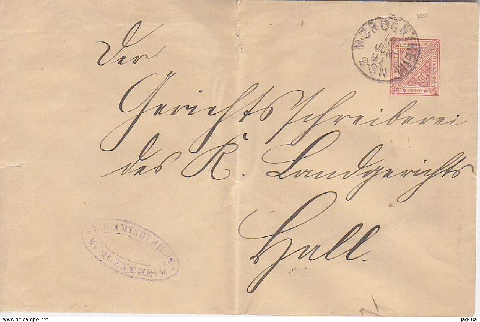 GERMANY. 1891/Mergentheim, Five Pfenng PS Envelope/District Court. - Buste