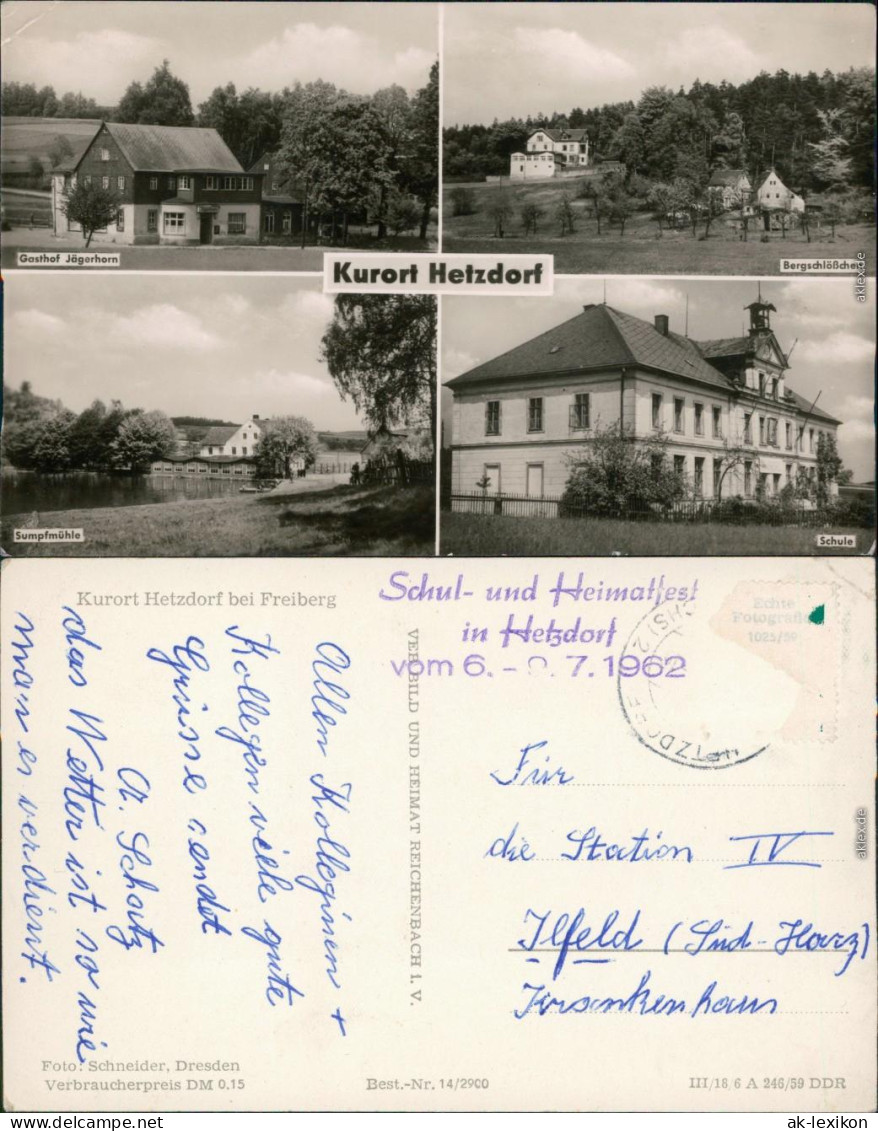 Hetzdorf-Halsbrücke Gasthof Jägerhorn, Bergschlößchen, Sumpfmühle, Schule 1959 - Hetzdorf