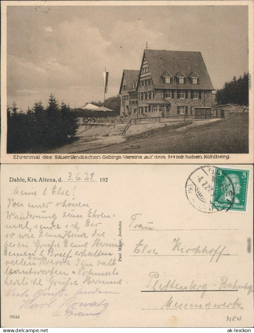 Ansichtskarte Dahle-Altena Kohlberghaus 1921 - Altena