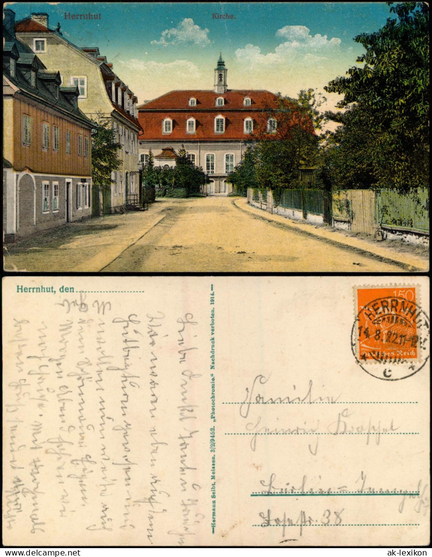 Ansichtskarte Herrnhut Kirche, Straße - Oberlausitz 1922  Gel. Vorinfla 150 Pfg. - Herrnhut