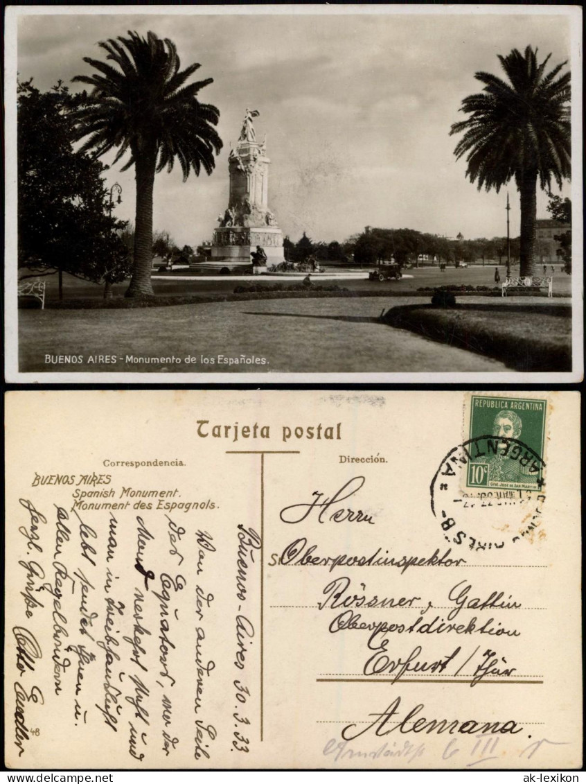 Postcard Buenos Aires Monumento De Los Españoles. 1933  Gel. Briefmarke - Argentinië