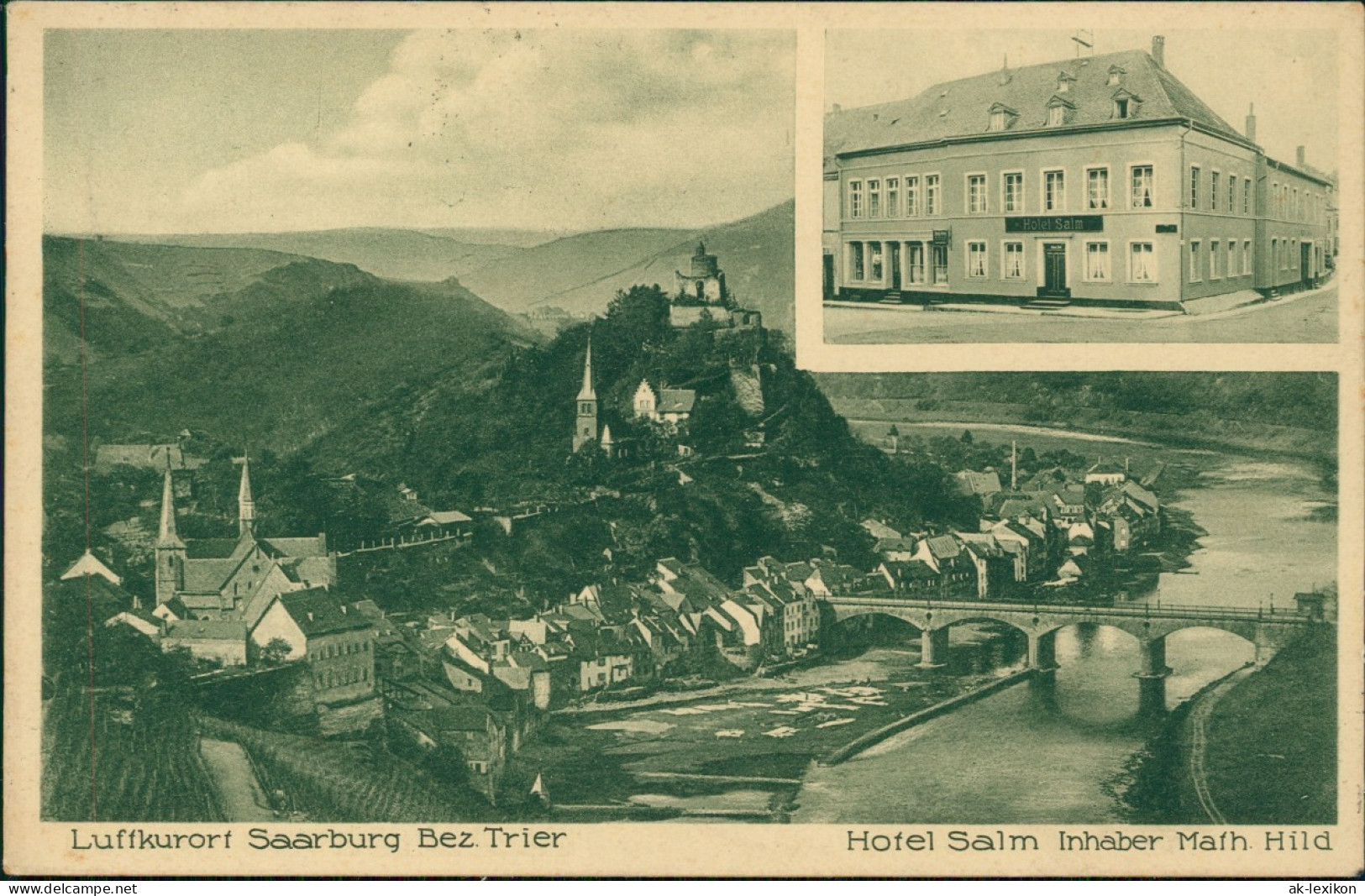 Ansichtskarte Saarburg/Trier 2 Bild Totale, Hotel Salm 1928 - Saarburg