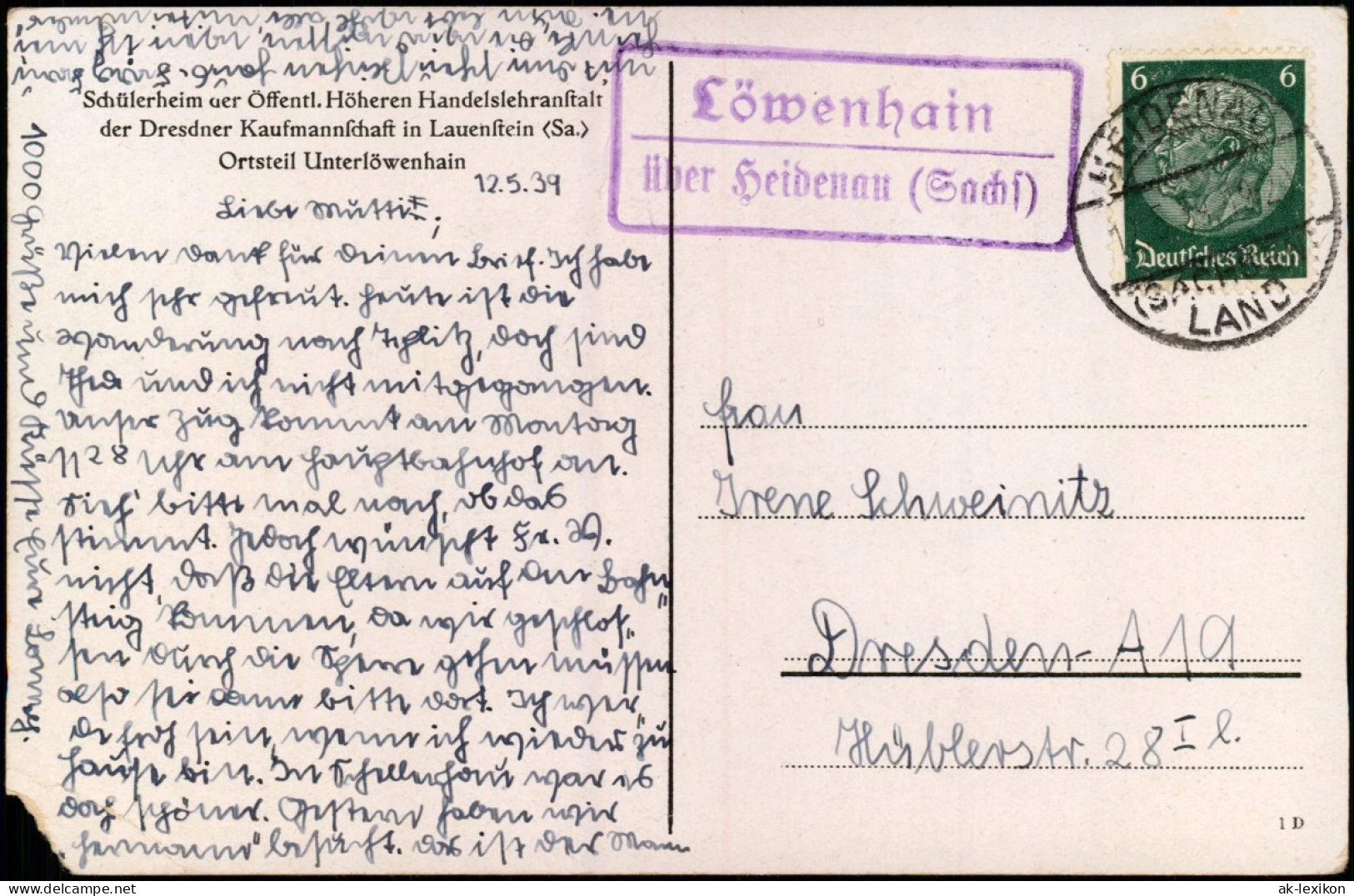 Lauenstein Erzgebirge Altenberg  Innen  1939   Mit Landpoststempel Löwenhain - Lauenstein