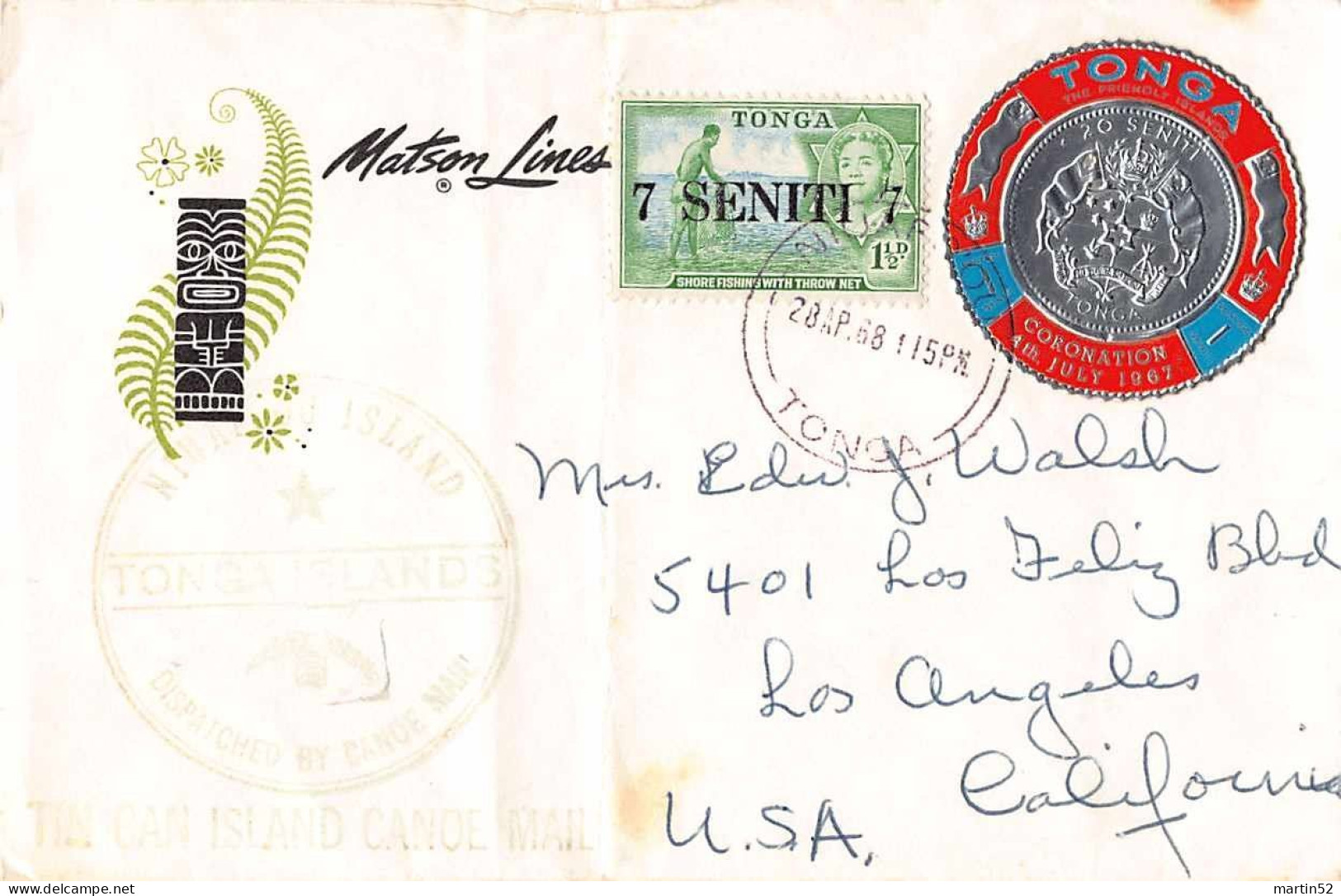 TONGA THE FRIENDLY ISLANDS 1968: Letter With Michel-N° 190+201 7 SENITI & CORONATION With ⊙ NIUAFO'OU 28 AP 68 To USA - Tonga (...-1970)