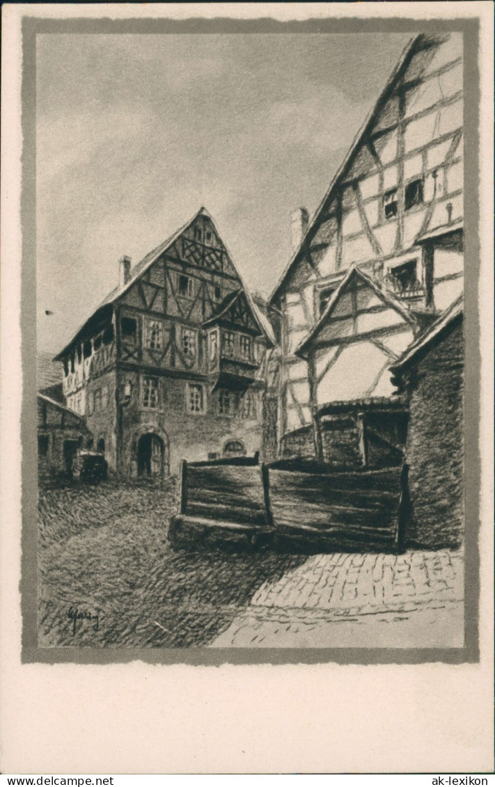 Ansichtskarte Michelstadt Alte Häuser Mit Patrizierhaus (Künstlerkarte) 1950 - Michelstadt