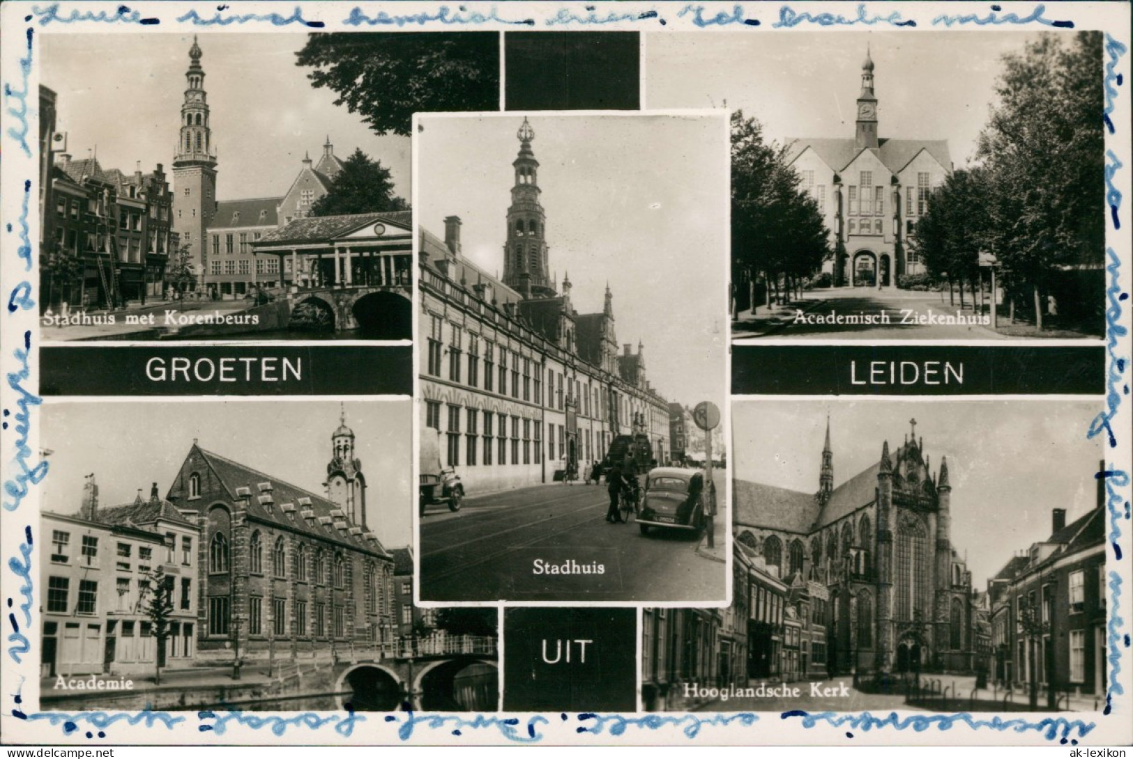 Postkaart Leiden Leyden 5 Bild: Academie, Stadthuis 1957 - Leiden