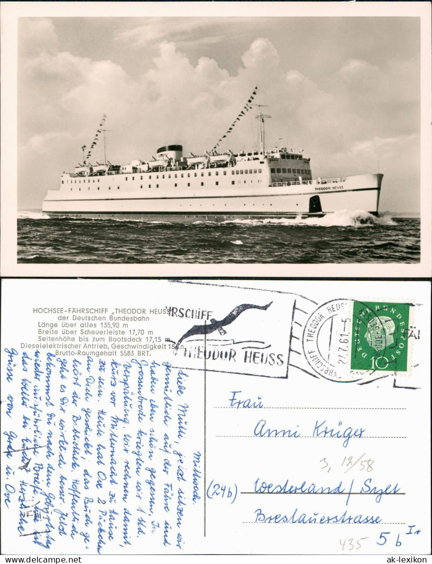 Ansichtskarte  HOCHSEE-FÄHRSCHIFF THEODOR HEUSS 1961  Mit Passendem Werbestempel - Ferries