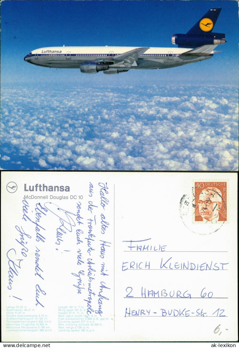 Ansichtskarte  Lufthansa Flugzeug Airplane Avion McDonnell Douglas DC 10 1974 - 1946-....: Era Moderna