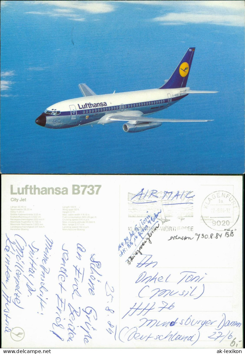 Flugzeug Airplane Avion City Jet B737 1984  Gel. Airmail Ohne Briefmarke - 1946-....: Era Moderna
