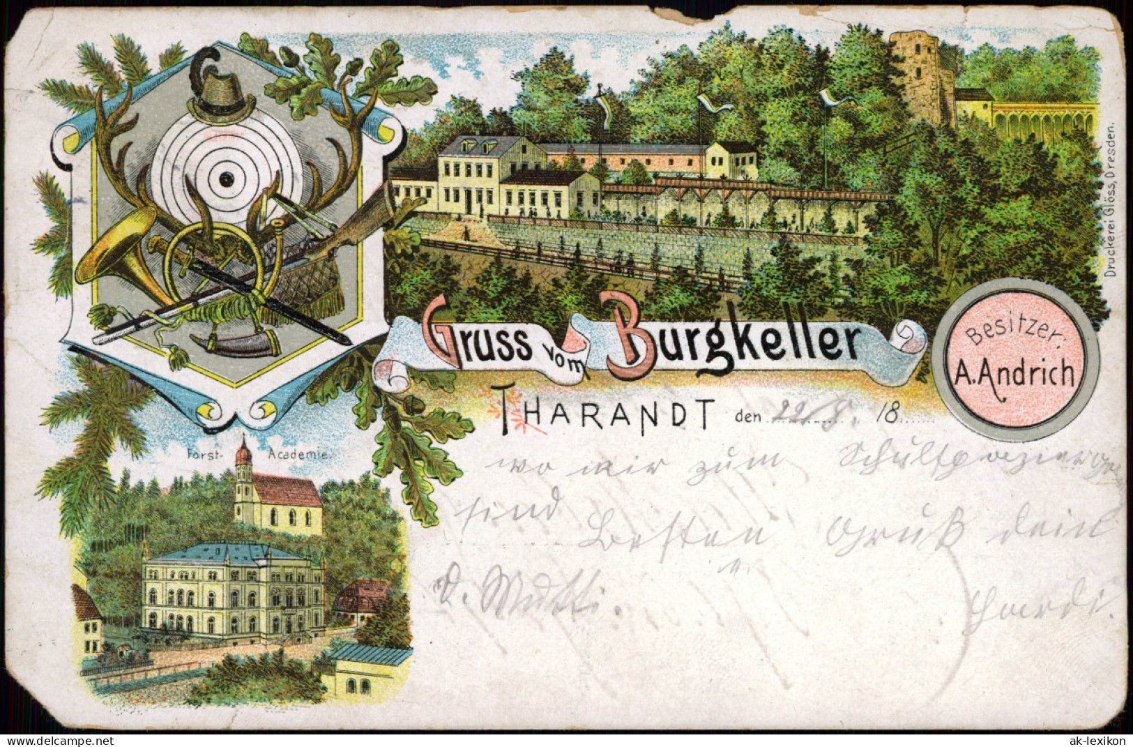 Litho AK Tharandt Gruss Vom Burgkeller; Litho-AK, Forst-Academie  1905 - Tharandt