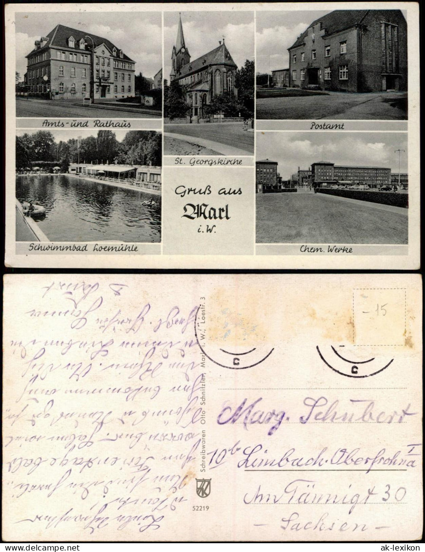 Ansichtskarte Marl (Westfalen) MB: Postamt, Chemische Werke, Schwimmbad 1940 - Marl