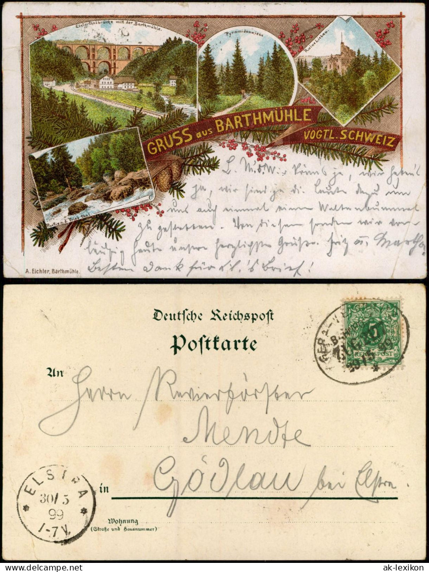 Litho AK Barthmühle-Pöhl 4 Bild: Ruine, Pyramide, Bahnhof 1899 - Pöhl