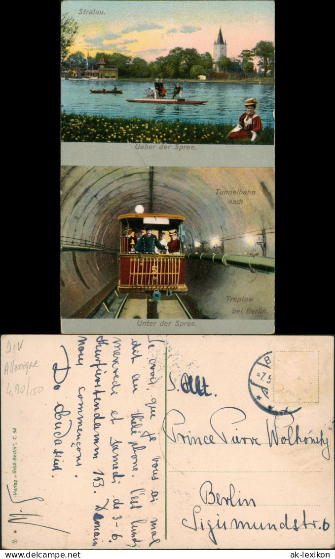 Ansichtskarte Stralau-Berlin Stralau 2 Bild Tunnelbahn, Trettboot 1916 - Friedrichshain