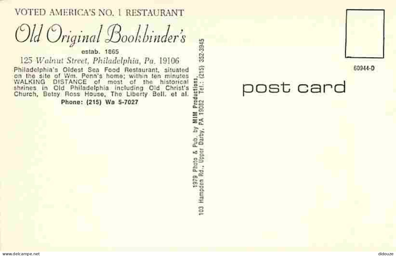Etats Unis - Philadelphia - Old Original Bookbinder's - CPM - Voir Scans Recto-Verso - Philadelphia