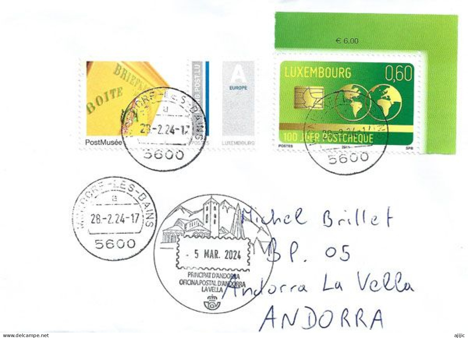 «100 Joer Postcheque», Belle Lettre Du Luxembourg 2024, à Andorra - Covers & Documents