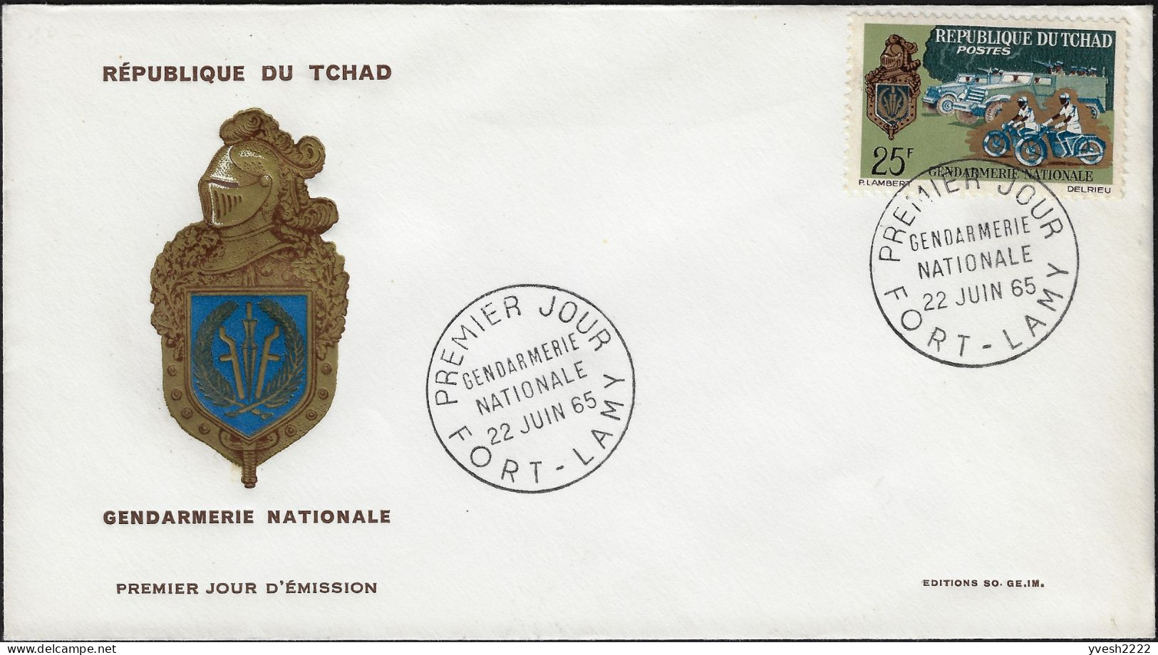 Tchad 1965 Y&T 113 Sur FDC. Gendarmerie Nationale. A Moto, Véhicules D'intervention... - Police - Gendarmerie