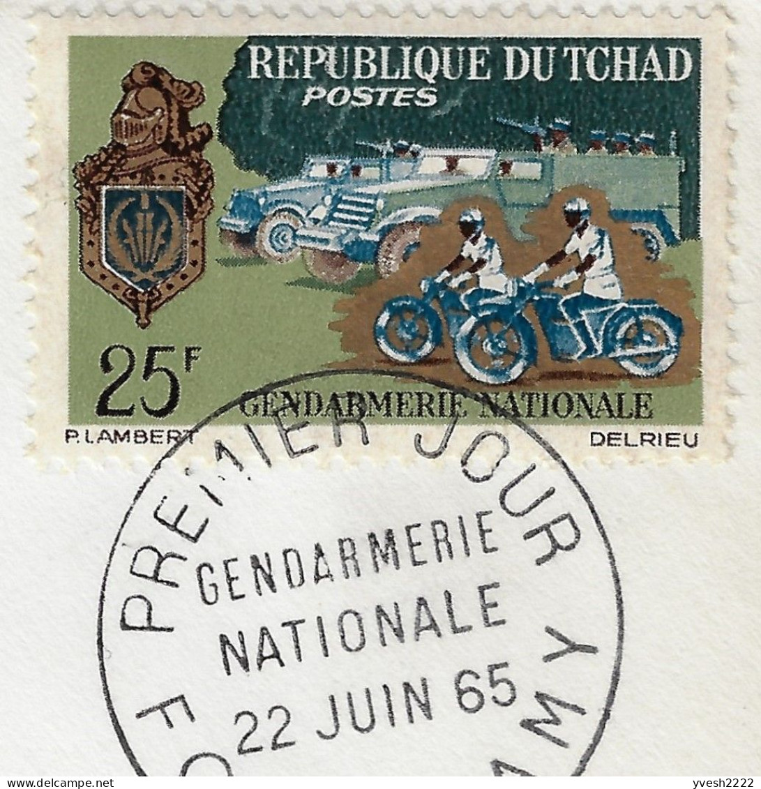 Tchad 1965 Y&T 113 Sur FDC. Gendarmerie Nationale. A Moto, Véhicules D'intervention... - Police - Gendarmerie