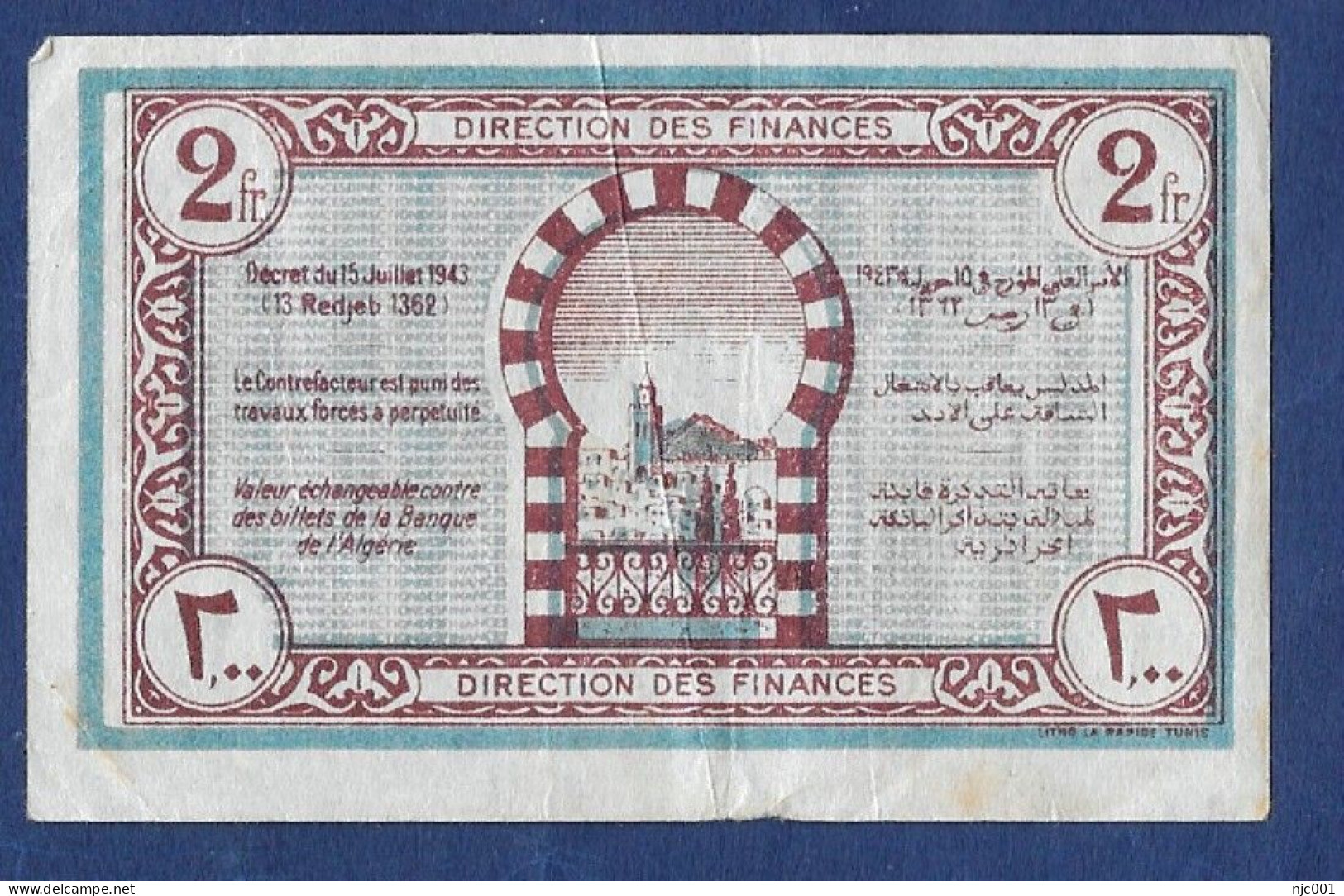 Tunisia 2 Francs Banknote 1943 - Tunisie