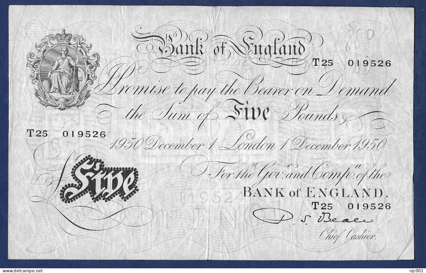 Beale White 5 Pounds Banknote 1950 - 5 Pond