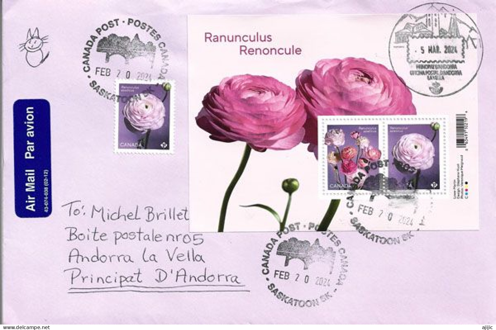 RENONCULE / RANUNCULUS FLOWER, Belle Lettre Canada 2024 (Bloc-Feuillet) à Andorra (Principality) - Covers & Documents