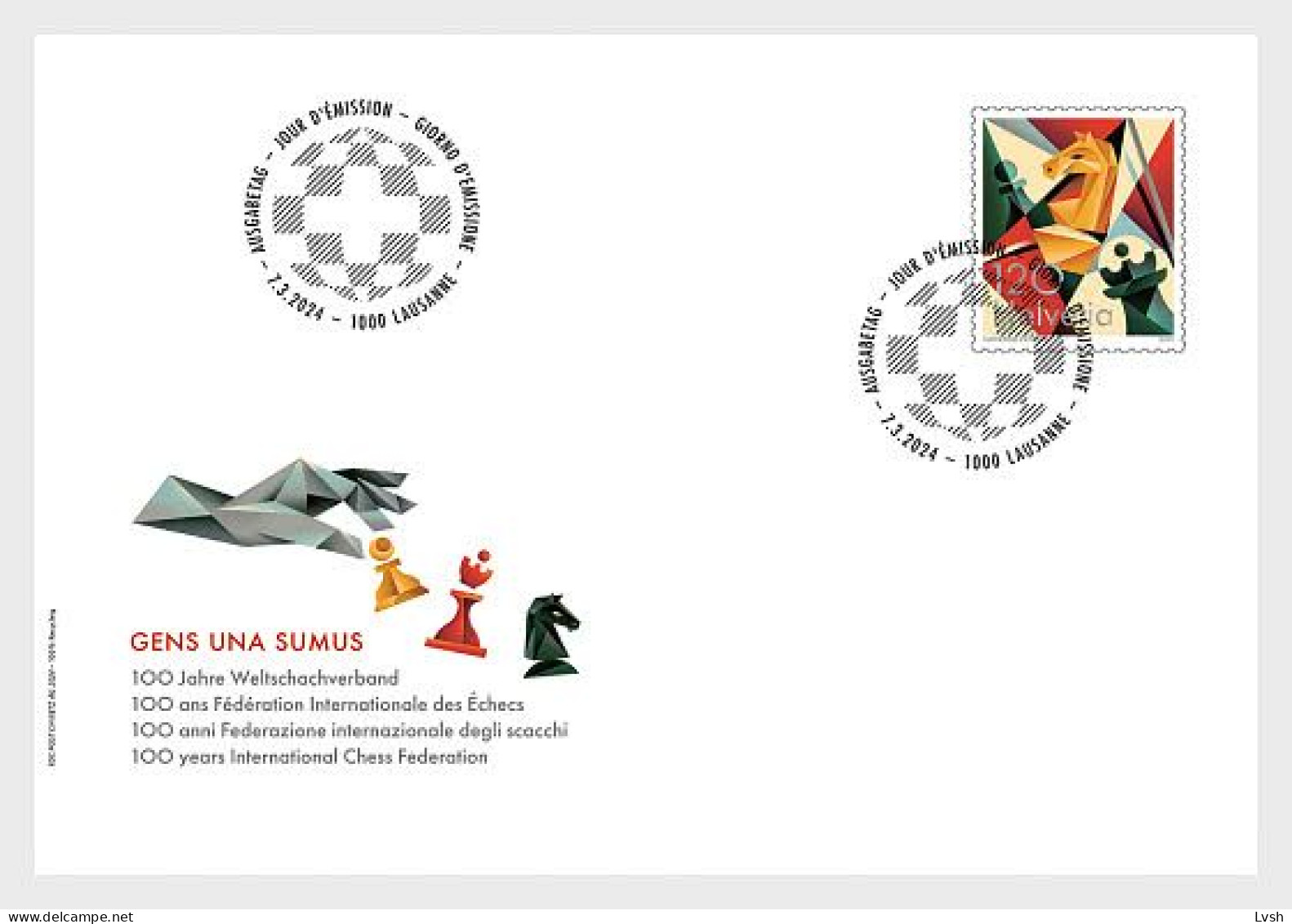 Switzerland.2024.100 Years International Chess Federation.FDC. - Scacchi