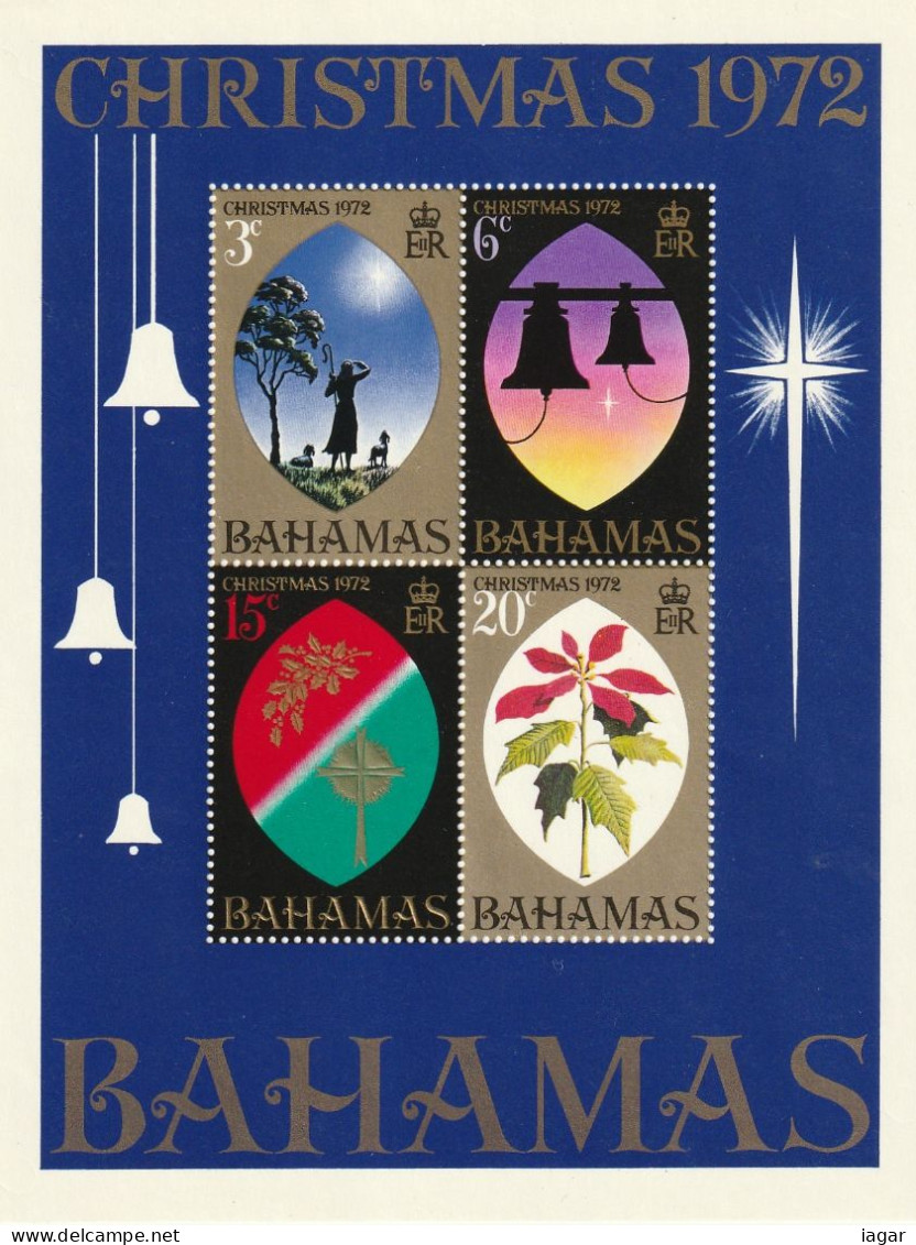 THEMATIC CHRISTMAS '72  -  SHEPHERD AND STAR, BELLS, HOLLY AND CROSS, POINSETTIA   4v+MS    -  BAHAMAS - Natale