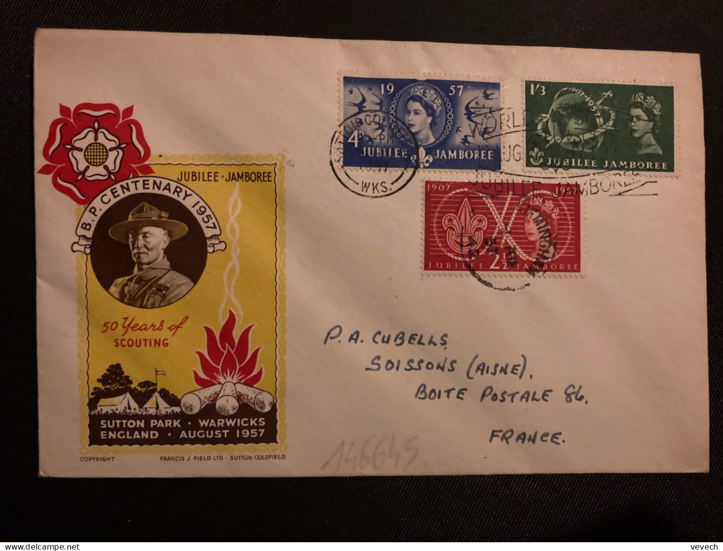 LETTRE ANGLETERRE TP JUBILEE JAMBOREE 1957 4d + 1 1/2d + 1/3 OBL.MEC.9 AU 1957 + POSTED AT LIVERPOOL - Covers & Documents