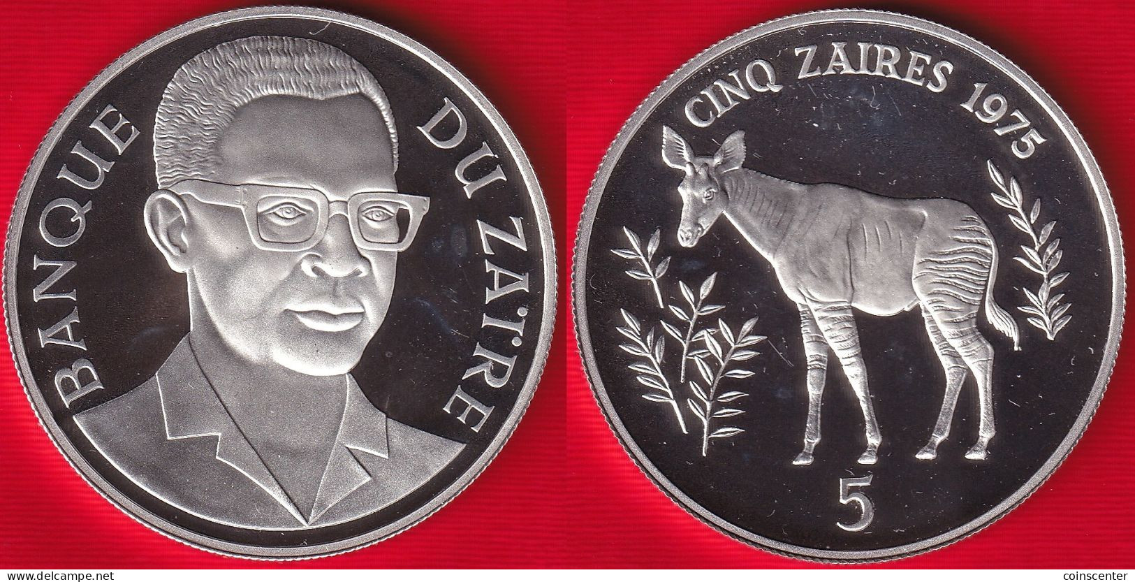 Zaire (Congo) 5 Zaires 1975 "Okapi" Km#10 AG Silver PROOF - Zaïre (1971-97)