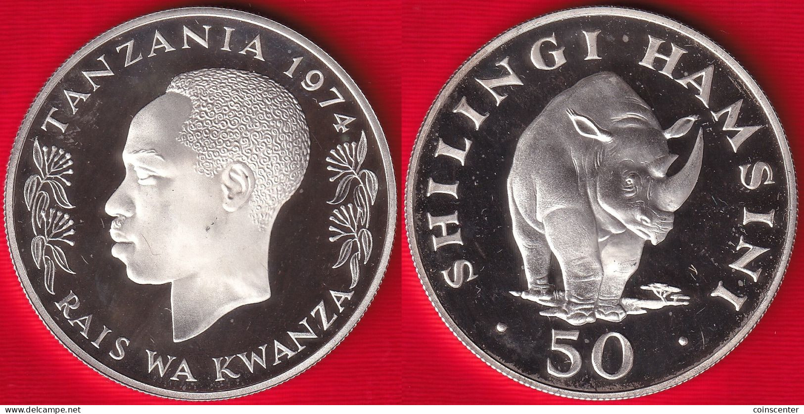 Tanzania 50 Shilingi 1974 "Black Rhinoceros" Km#8a AG Silver PROOF - Tanzanie