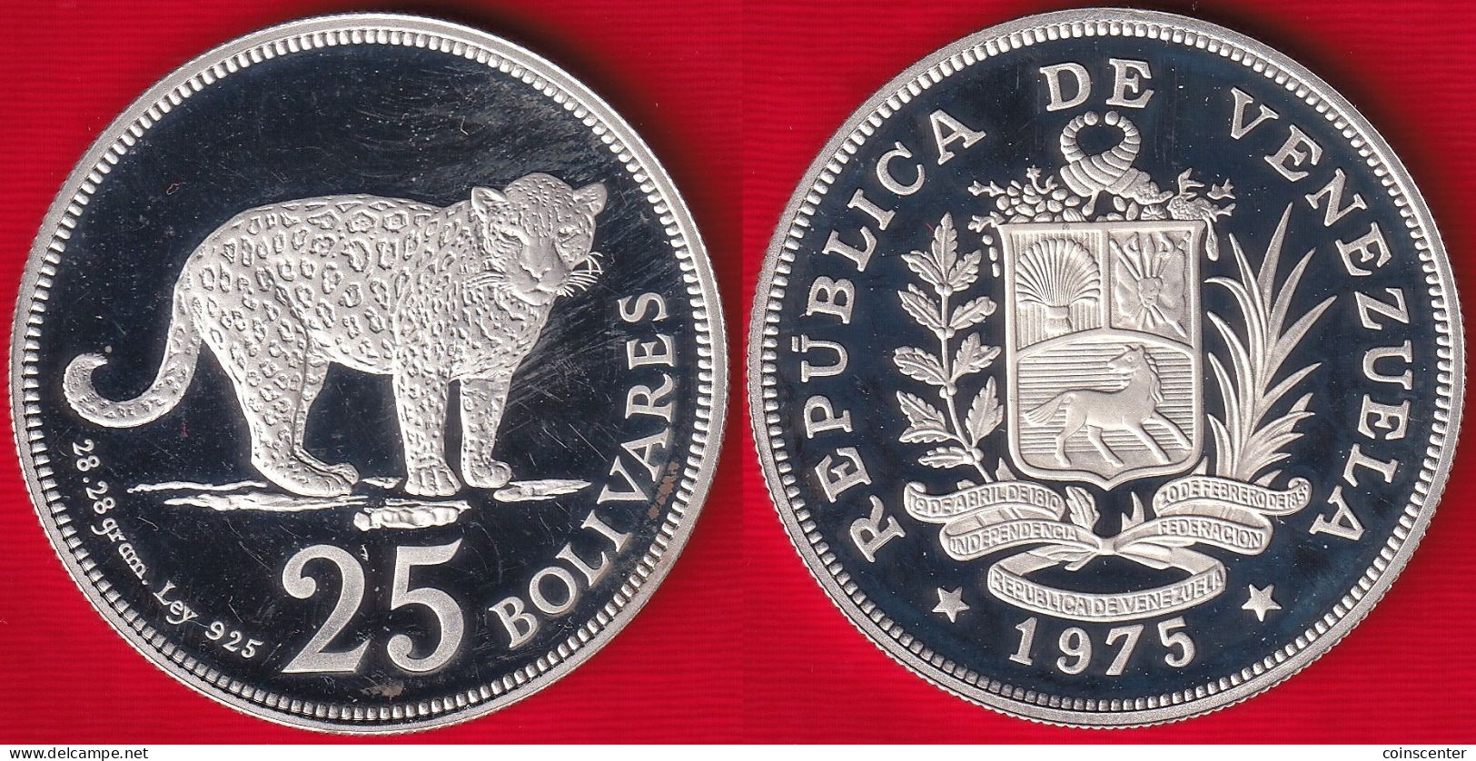 Venezuela 25 Bolivares 1975 "Jaguar" Y#46 AG Silver PROOF - Venezuela