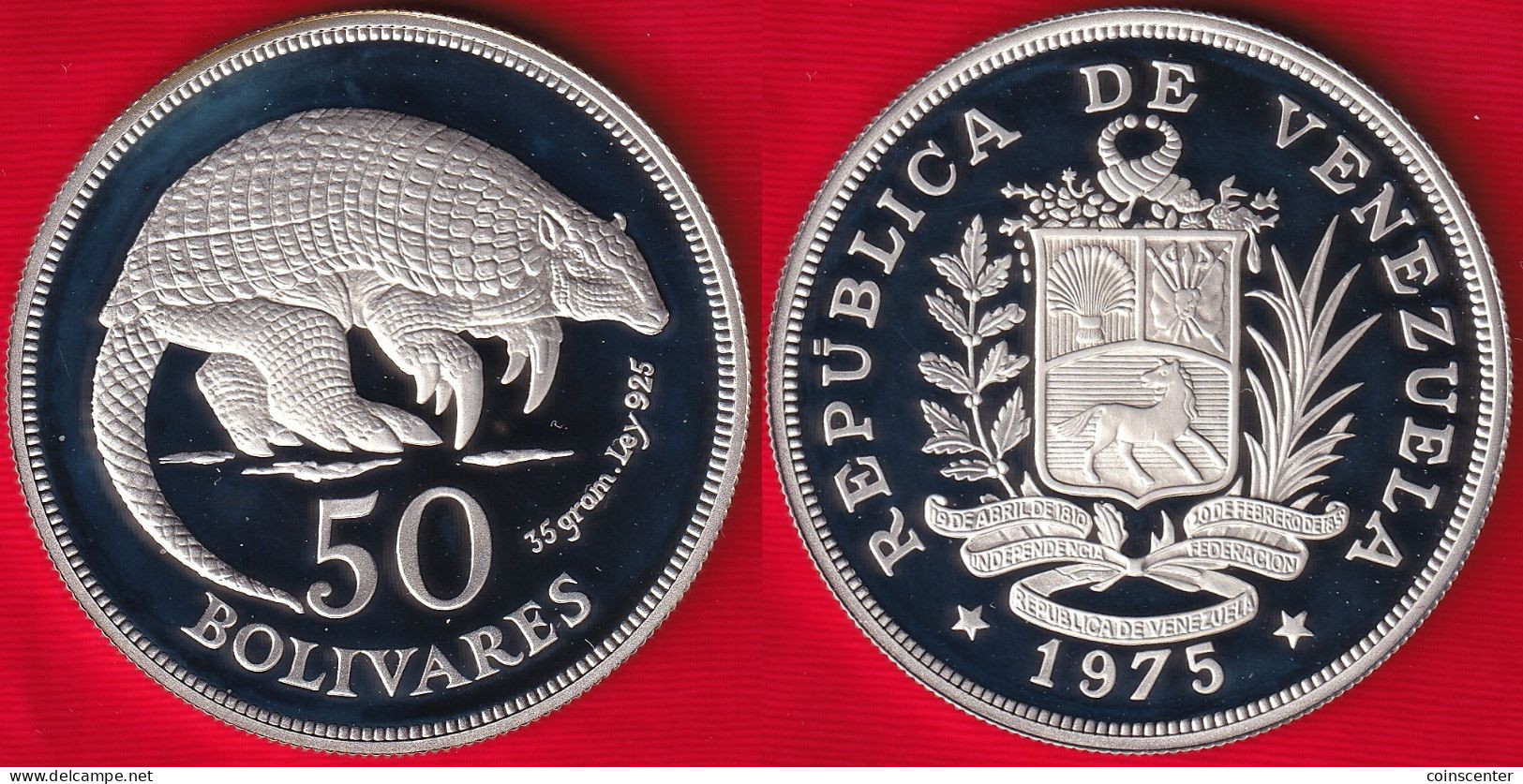 Venezuela 50 Bolivares 1975 "Armadillo" Y#47 AG Silver PROOF - Venezuela