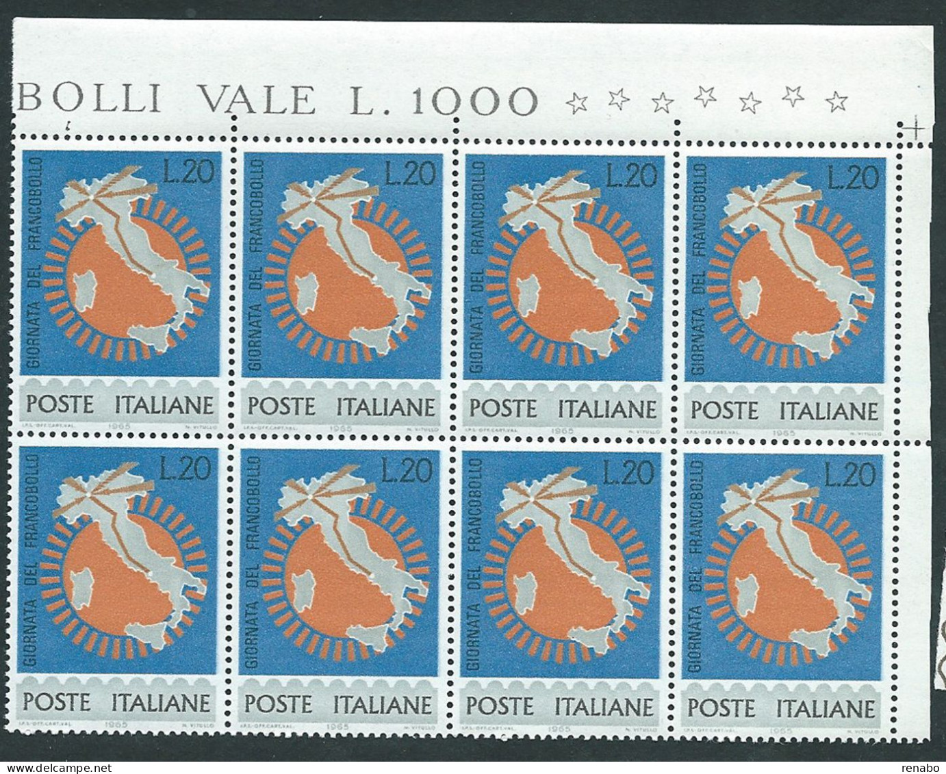 Italia 1965; Giornata Del Francobollo. Blocco D’ Angolo Di 8 Valori = 2 Quartine. - 1961-70: Mint/hinged