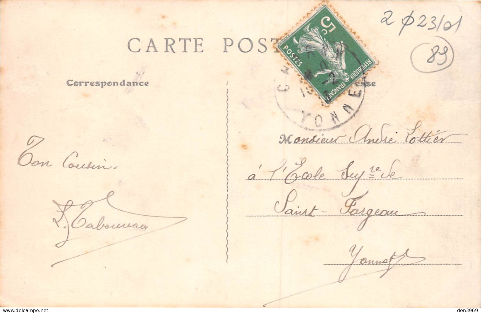 CHARNY (Yonne) - Grande Rue - Romain Coiffeur - Voyagé 1913 (2 Scans) André Lottier, Ecole Supérieure De Saint-Fargeau - Charny