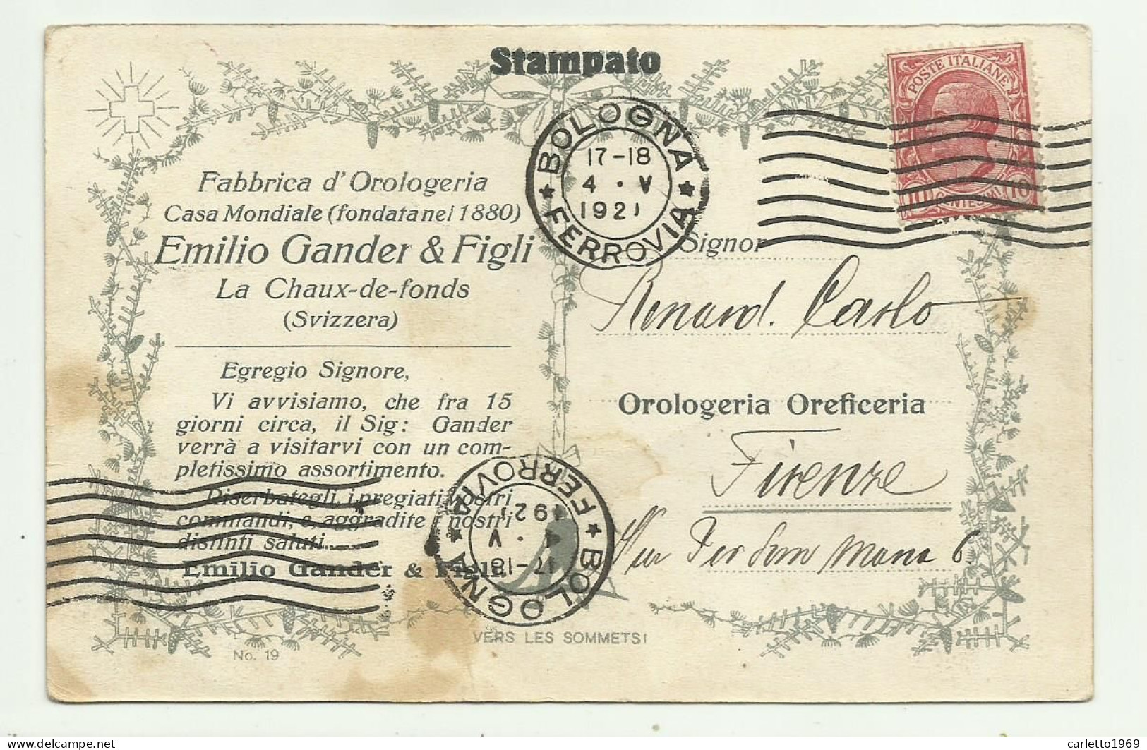 CARTOLINA FABBRICA D'OROLOGERIA EMILIO GANDER & FIGLI - LA CHAUX DE FONDS SVIZZERA 1921 VIAGGIATA FP - Advertising