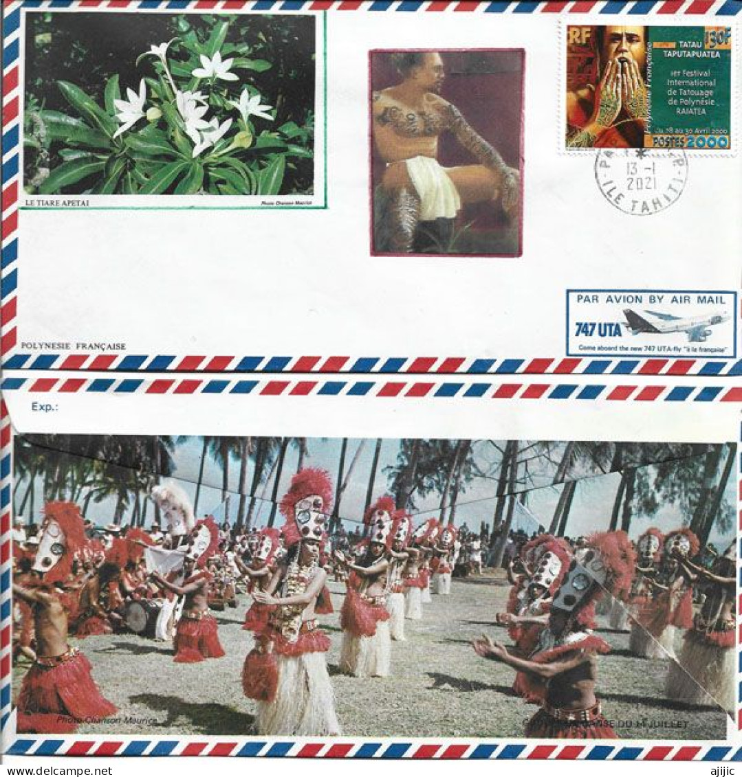 TAHITI. TATOUAGES TAHITIENS. Belle Lettre Tahiti 2021,deux Photos Recto & Verso (Fètes Du Tiurai, Danses, Du 14 Juillet) - Covers & Documents