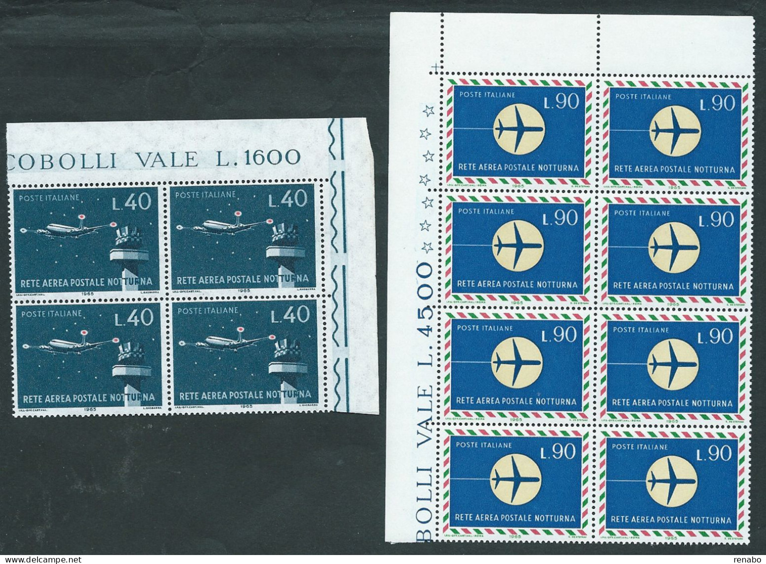 Italia 1965; Rete Aerea Postale Notturna: Lire 40 In: Quartina D' Angolo + Lire 90 In Blocco D' Angolo Di 8 Valori. - 1961-70: Mint/hinged