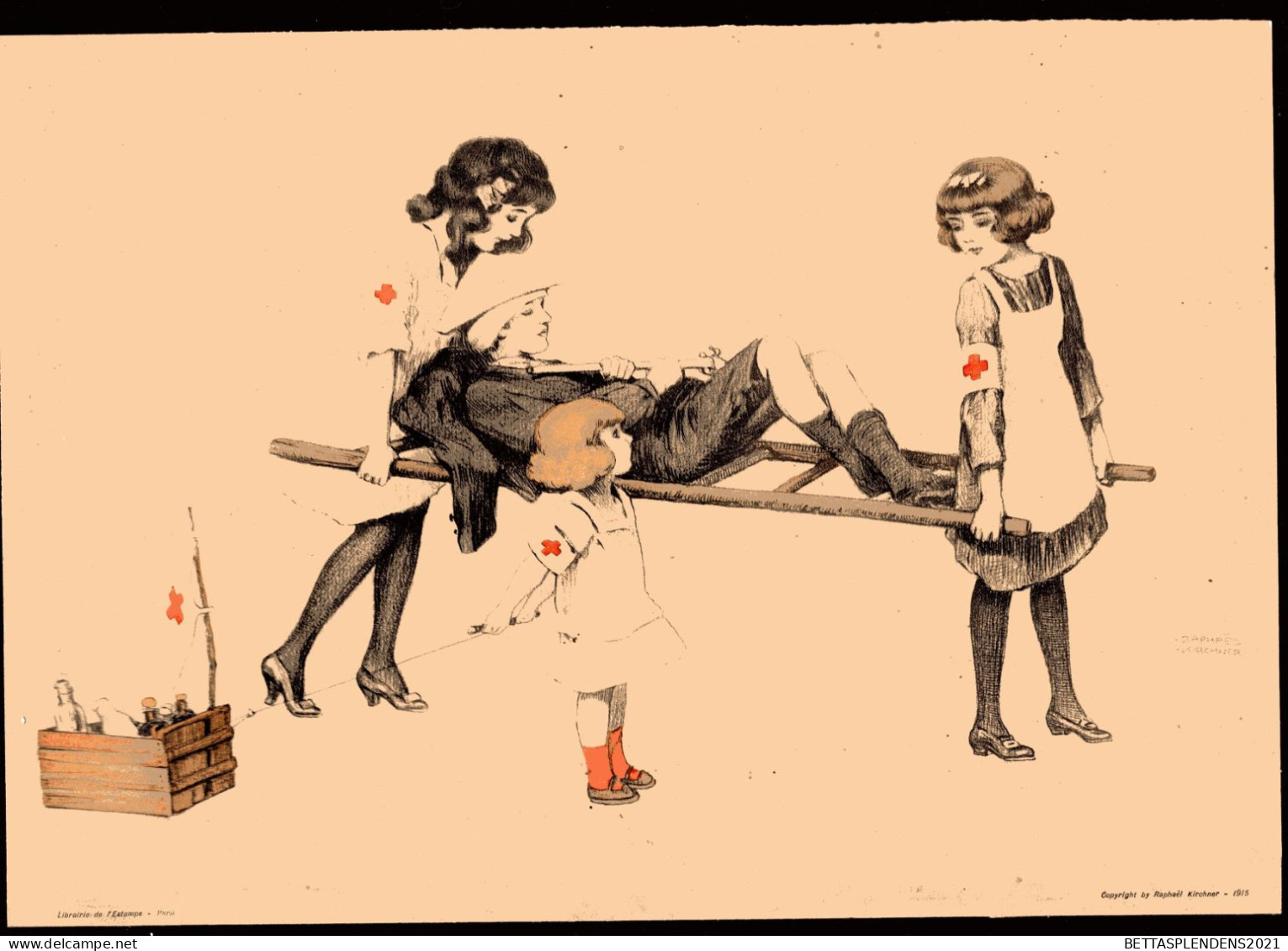 Dessin - Illustration Signée  Raphael KIRCHNER - Jeunes Enfants Jouant Aux Infirmiers / Brancardier - Croix Rouge - Autres & Non Classés