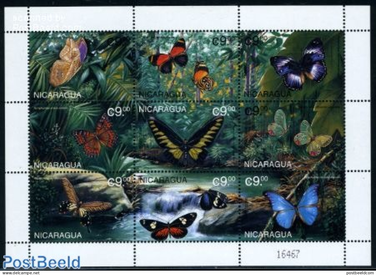 Nicaragua 1999 Butterflies 9v M/s, Mint NH, Nature - Butterflies - Nicaragua