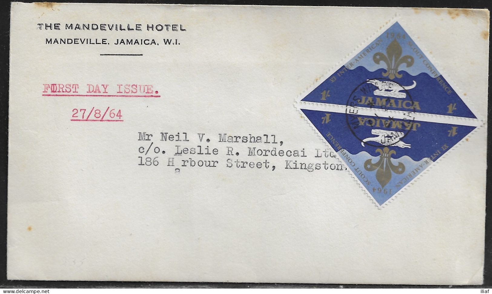 Jamaica. FDC Sc. 235.   6th Inter-American Scout Conference.  FDC Cancellation On Plane Envelope - Jamaica (1962-...)