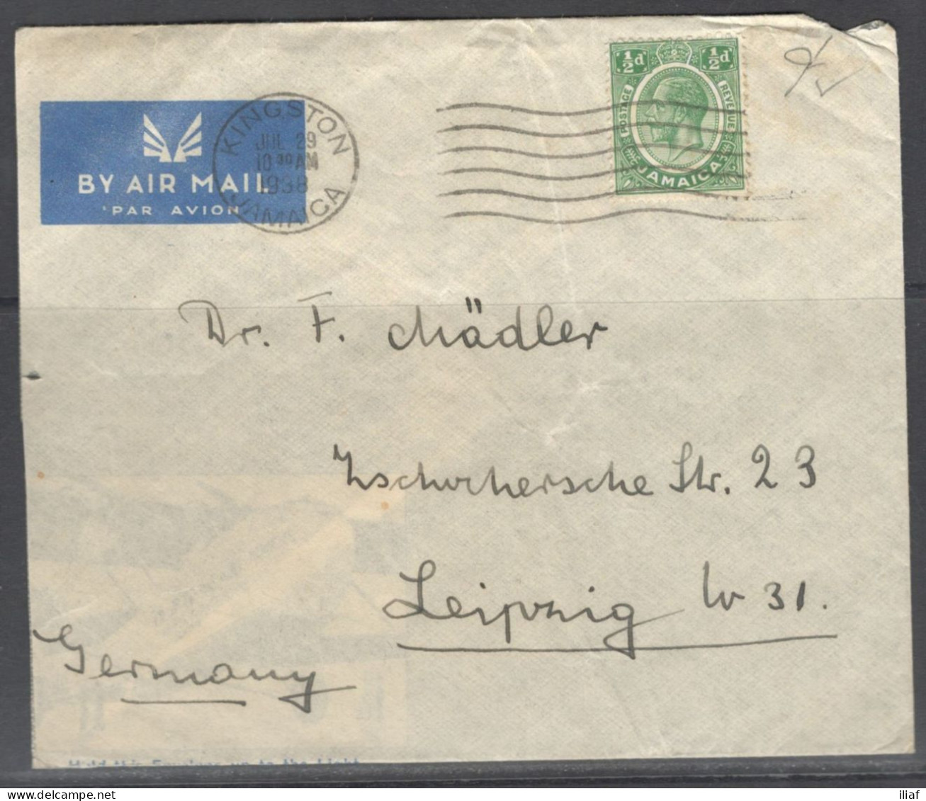 Jamaica. Stamp Sc. 101 On Letter, Sent From Kingston Jamaica On 29.08.1938 To Germany. - Jamaica (...-1961)