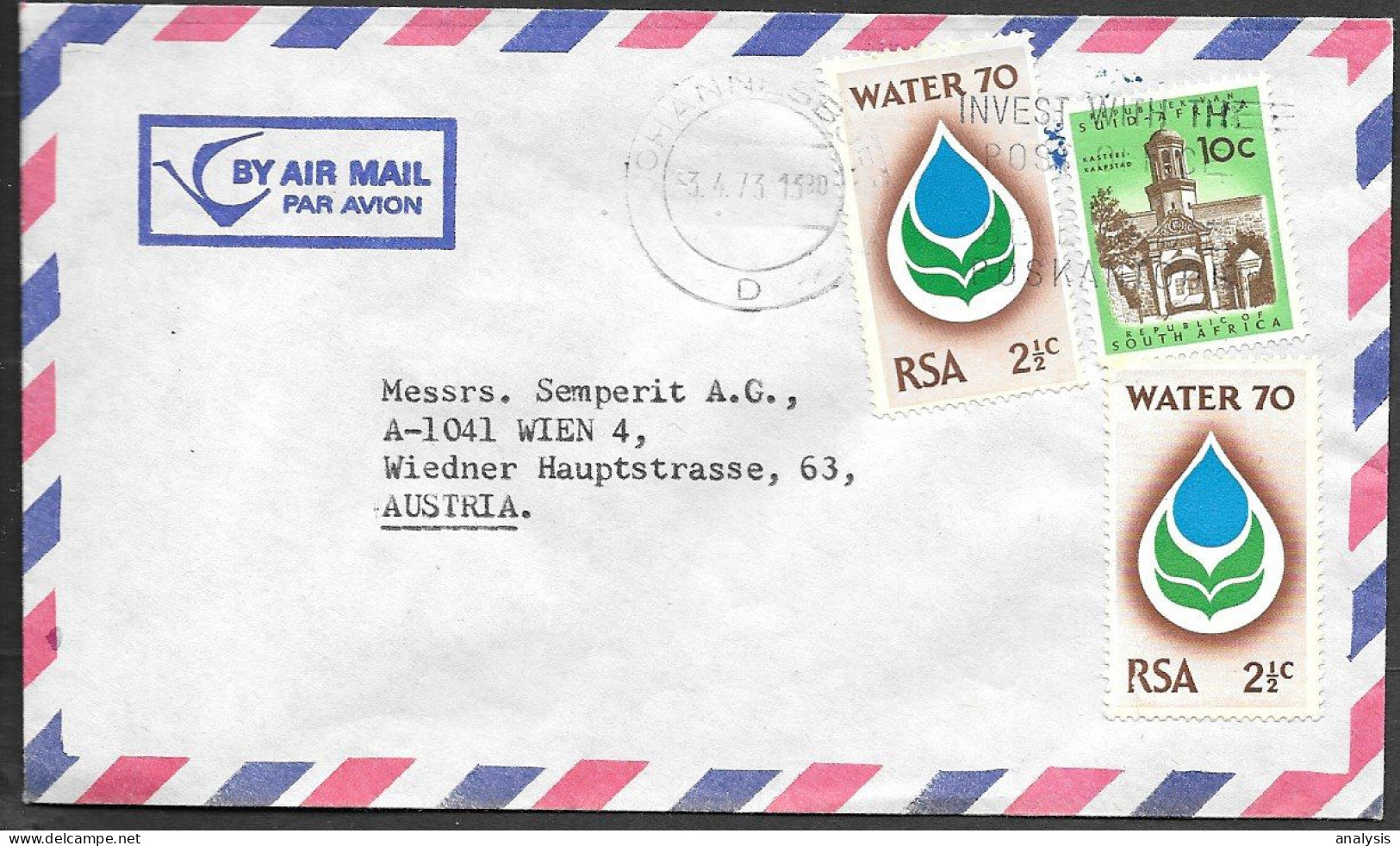 South Africa Johannesburg Cover Mailed To Austria 1973. Water Stamps - Covers & Documents