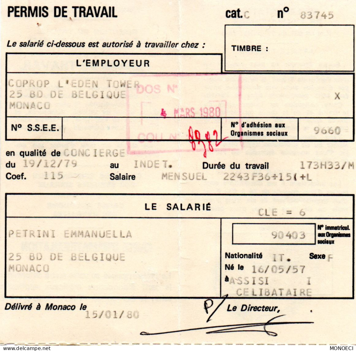 MONACO -- MONTE CARLO -- Timbre Fiscal -- Type " Armoiries De Daussy " 1 F. Sur PERMIS De TRAVAIL 15/01/80 - Fiscaux